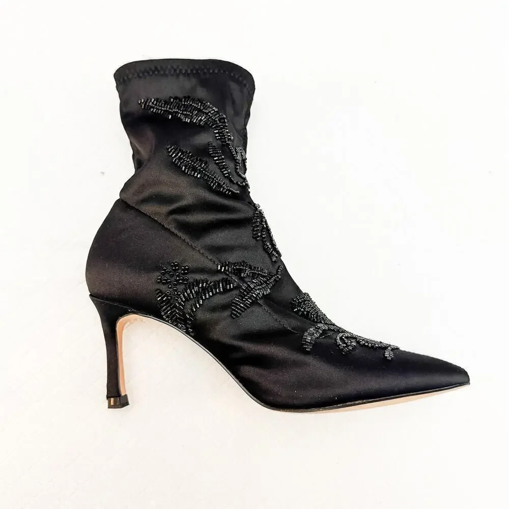 Zara Satin Embroidered Sequin Embellished Black Pointy Toe Booties Size 36